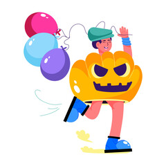 A flat illustration showing a person holding celebration balloons 