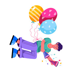 Person flying with birthday balloons, flat illustration 