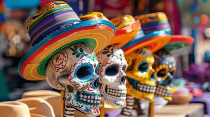 Fototapeta premium Vibrant display of decorated skulls wearing colorful sombreros for Day of the Dead celebration, capturing the festive atmosphere