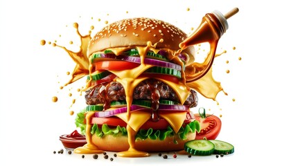 Delicious burger with many ingredients isolated on white background Tasty cheeseburger splash sauce