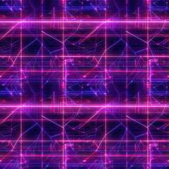 Obraz premium Futuristic digital mesh seamless background with glowing neon lines forming complex geometric patterns, perfect for tech designs, cyberpunk and sci-fi interfaces or virtual environments.