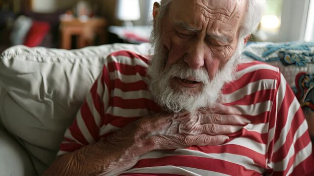 Elderly man sitting on the couch, holding his chest and feeling pain suffering from heart attack at home. Ai Footage.