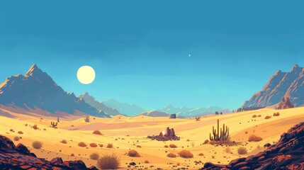 Pixel Art Desert Scene with Mountains, Cactus, and Ruins for Game Background or Digital Art Projects