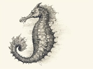Fototapeta premium Black and white Vintage engraved art of a seahorse isolated on white background, ink sketch illustration, simple vector art design, highly detailed line art, high contrasty 