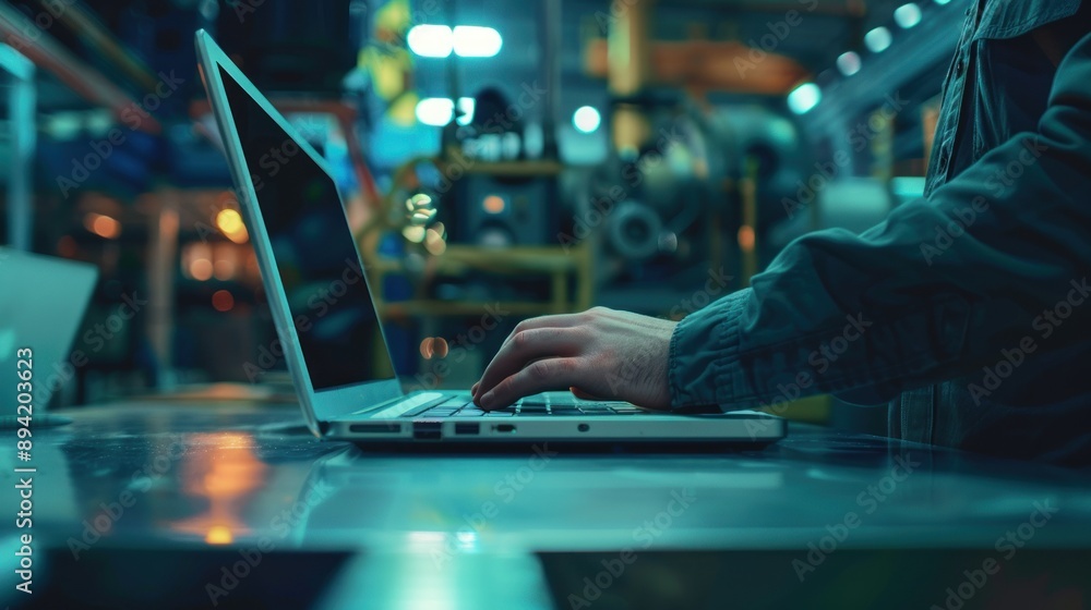 Aufkleber factory mechanical engineer showing on laptop computer on blurred background of machinery
