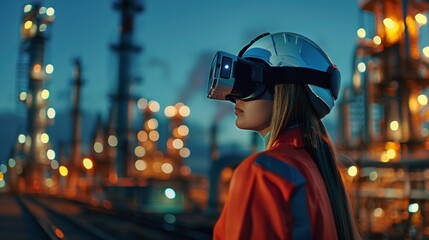 Female Engineer Wearing Virtual Reality Glasses in Oil industrial plant at night