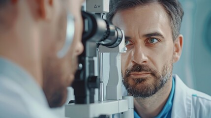 A charming male eye specialist is examining the eyesight of a good-looking middle-aged man in a contemporary medical facility. Doctor and patient during vision evaluation at an ophthalmic clinic.