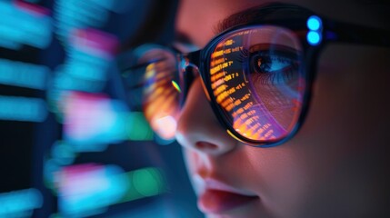 Female engineer on computer as code light from computer reflects off glasses