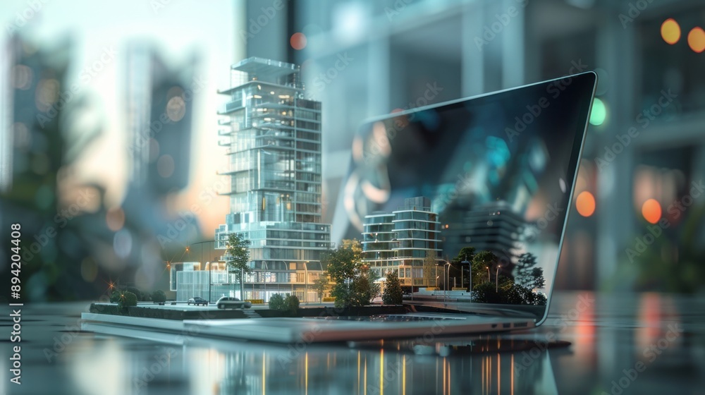 Aufkleber building construction on laptop computer on blurred background of futuristic building