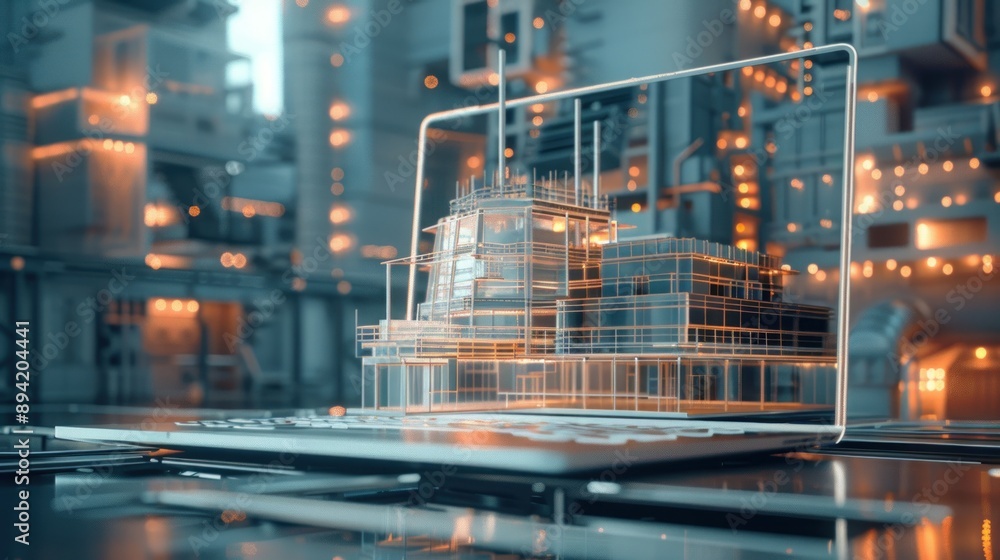 Aufkleber building construction on laptop computer on blurred background of futuristic building