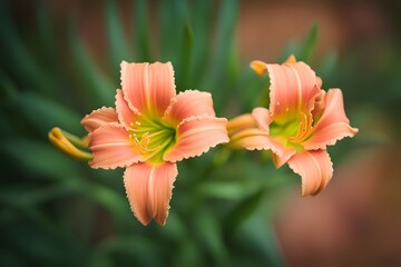 Fototapeta premium Daylily flower bokeh background, AI Generated