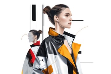 Two Women Wearing Stylish Clothing Stand Back to Back in a Geometric and Artistic Composition
