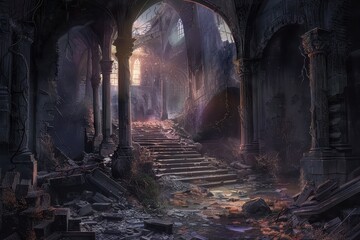 Mysterious Overgrown Ancient Church Interior With Broken Pillars And Stairs