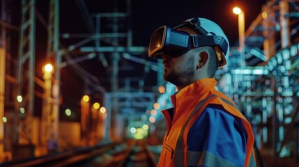 Engineers wear virtual reality goggles in the field of a high-voltage power plant.