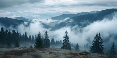 Fototapeta premium Misty mountain scenery. Carpathian range in Ukraine.