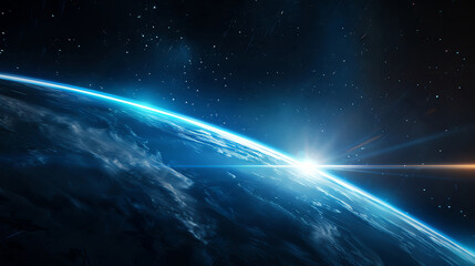 Fototapeta premium Futuristic space station orbiting a planet, sci-fi, neon blue, digital painting,