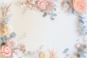 Elegant floral invitation background in soft pastel colors with delicate orange and pink flowers in photorealistic style. Perfect for wedding or holiday invitations, greeting cards