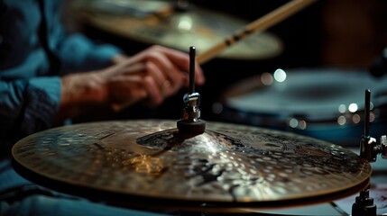 Obraz premium A musician performing live with percussion instruments and drumsticks in a studio or at an event.
