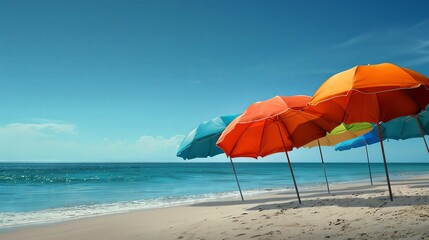 Fototapeta premium Sandy beach with colorful umbrellas, vibrant, summer vibe, digital art,