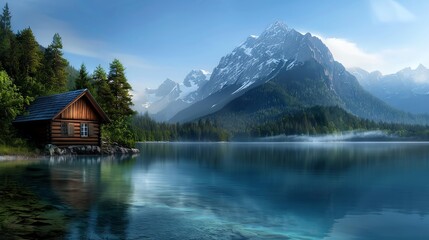 Scenic cabin by a blue lagoon, natural beauty, bright colors, digital painting,