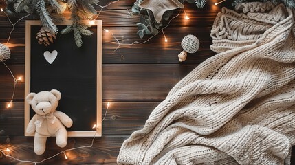 Pregnancy Announcement : Fall Baby with Black Letter Board Mockup featuring Teddy Doll, Fairy Lights, and Fluffy Blanket on the Wooden Floor, Winter Pregnancy with Flat Lay or Top View