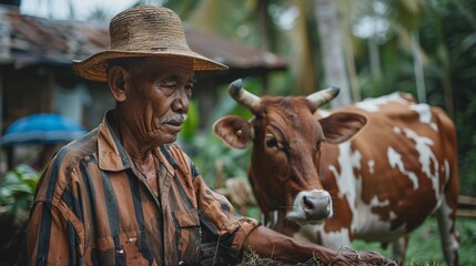 An Indonesian rancher in his forties tending to his cattle for the traditional Eid Al Adha ceremony.