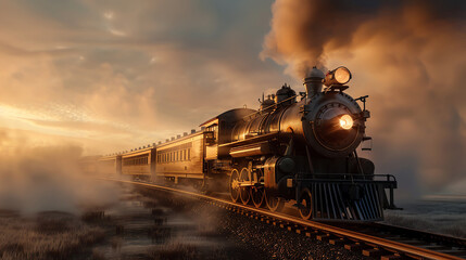 Obraz premium Steampunk train in a foggy landscape, adventurous, brass tones, 3D render,