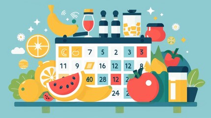 Naklejka premium Nutrition Planning Calendar with Fresh Fruits and Health Products