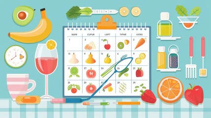 Healthy Lifestyle Planner with Fruits and Exercise Equipment