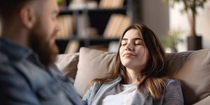 Psychotherapist uses hypnosis to help woman overcome emotional issues stemming from troubled upbringing, as she reclines on sofa in a trance-like state.