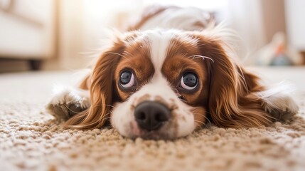 a dog laying on the floor with its head on the carpet 