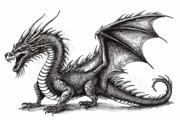 Naklejka premium Black and white Vintage engraved art of a dragon isolated on white background, ink sketch illustration, simple vector art design, highly detailed line art, high contrasty 