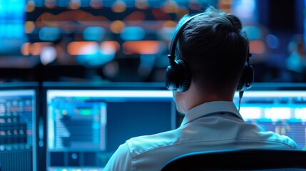 Focused call center agent at work with headset and multiple screens