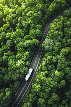 Aerial view of a truck driving on a winding road through dense, green forest under bright sunlight