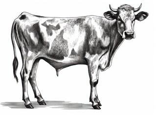 Black and white Vintage engraved art of a cow isolated on white background, ink sketch illustration, simple vector art design, highly detailed line art, high contrasty