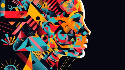 Obraz premium Colorful, abstract profile of a human head filled with vibrant geometric shapes and patterns