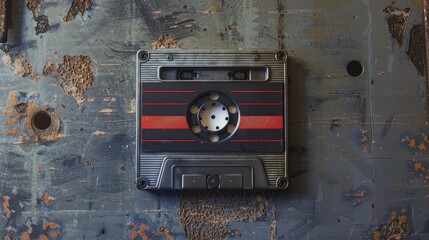 Vintage audio cassette tape with blank label open space for writing top down view