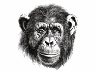 Fototapeta premium Black and white Vintage engraved art of a chimpanzee isolated on white background, ink sketch illustration, simple vector art design, highly detailed line art, high contras