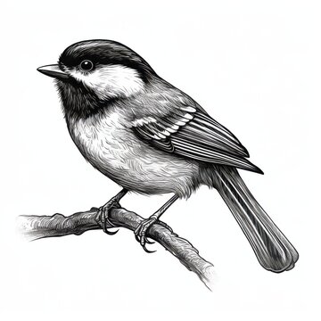 recommend clip art: Black and white Vintage engraved art of a chickadee isolated on white background, ink sketch illustration, simple vector art design, highly detailed line art, high contrasty