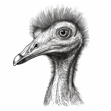 recommend clip art: Black and white Vintage engraved art of a cassowary isolated on white background, ink sketch illustration, simple vector art design, highly detailed line art, high contrasty