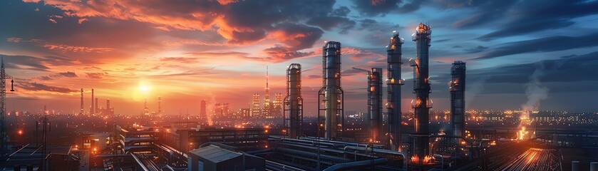 Fototapeta premium Industrial complex with lit towers at sunset