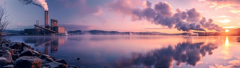 Fototapeta premium Industrial factory emitting smoke at sunset by a lake