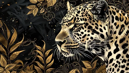  Intricate illustration of a leopard with foliage patterns, blending wildlife with artistic elements © poom