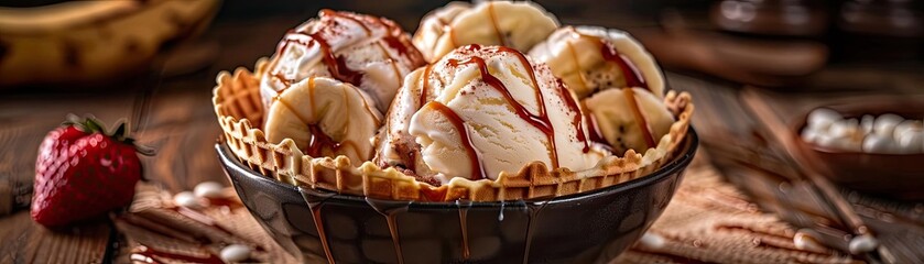 Delicious dessert featuring vanilla ice cream scoops topped with caramel sauce in a waffle bowl, perfect for a sweet treat.
