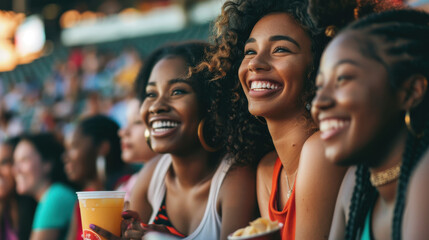 A group of female friends at a baseball game, enjoying snacks and drinks while supporting their team