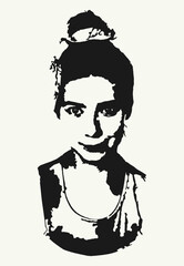 Monochrome sticker with a woman's face. Portrait with emotions. The position of the face. Halftone silhouettes. Icons for messages, creating an atmosphere, website, avatar. Vector