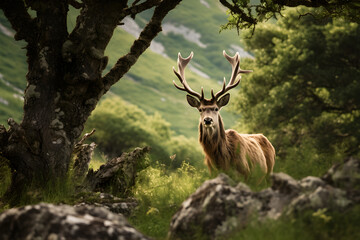 Magnificent Display of A Dynamic Deer amidst Verdant Greens of the Serene Wilderness: A Testament to the Enchantment of Nature.