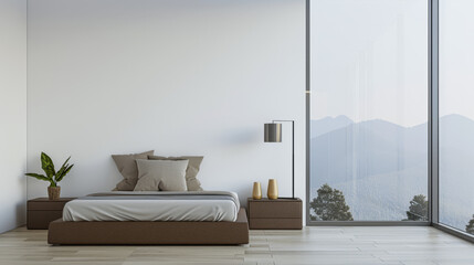 Modern bedroom interiors composition with a bed next to a large window and neutral colors. Apartment resting spaces with copy space.
