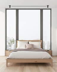 Modern bedroom interiors composition with a bed next to a large window and neutral colors. Apartment resting spaces with copy space.