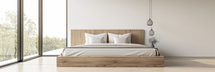 Modern bedroom interiors composition with a bed next to a large window and neutral colors. Apartment resting spaces with copy space.